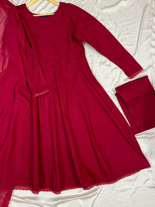 Solid Half Body Deep Red Frock